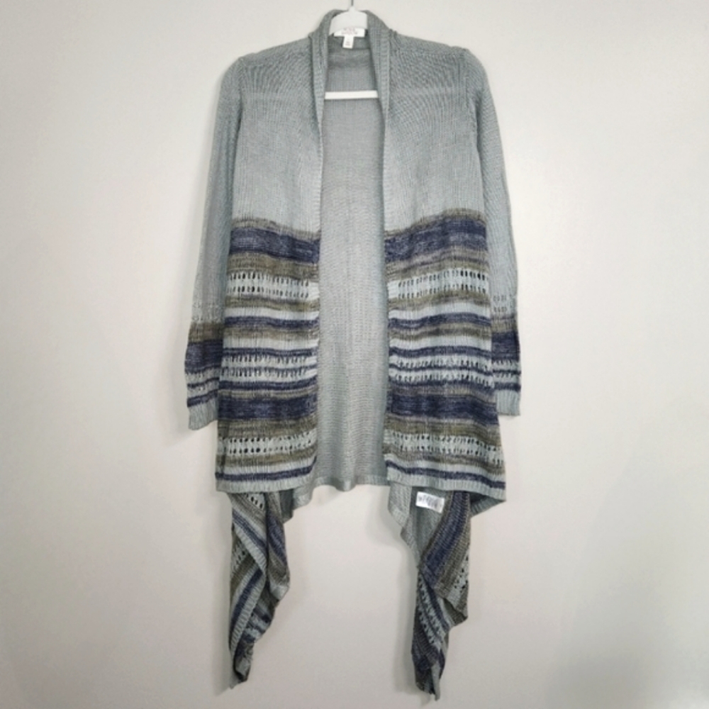Sun & Shadow Green/Blue Stripe Flowy Draped Cardigan Sweater, Size L ~ EUC